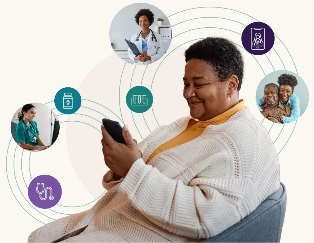 An ISHI patient using the care app, surrounded by their care team and monitoring tools